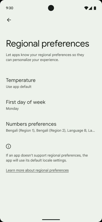 Interface de preferências regionais do Android 14