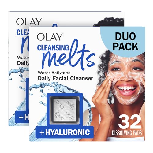 Olay Face Wash, Hyaluronic Acid Cleansing Melts, Fragrance-Free, Daily Use Gentle Cleanser, for All Skin Types, Travel Size, Water-Activated to Clean, Tone, and Refresh, 64ct (2 Pack X 32ct)