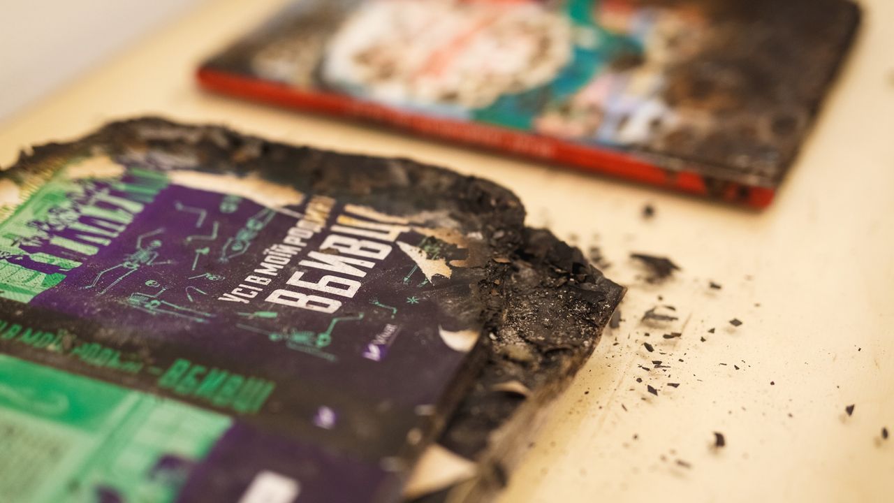 A charred book from Ukraine&#039;s Faktor Druk factory is seen on display