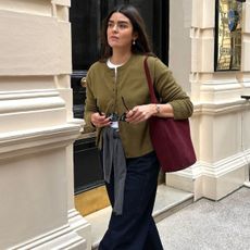 Woman wearing a green cardigan