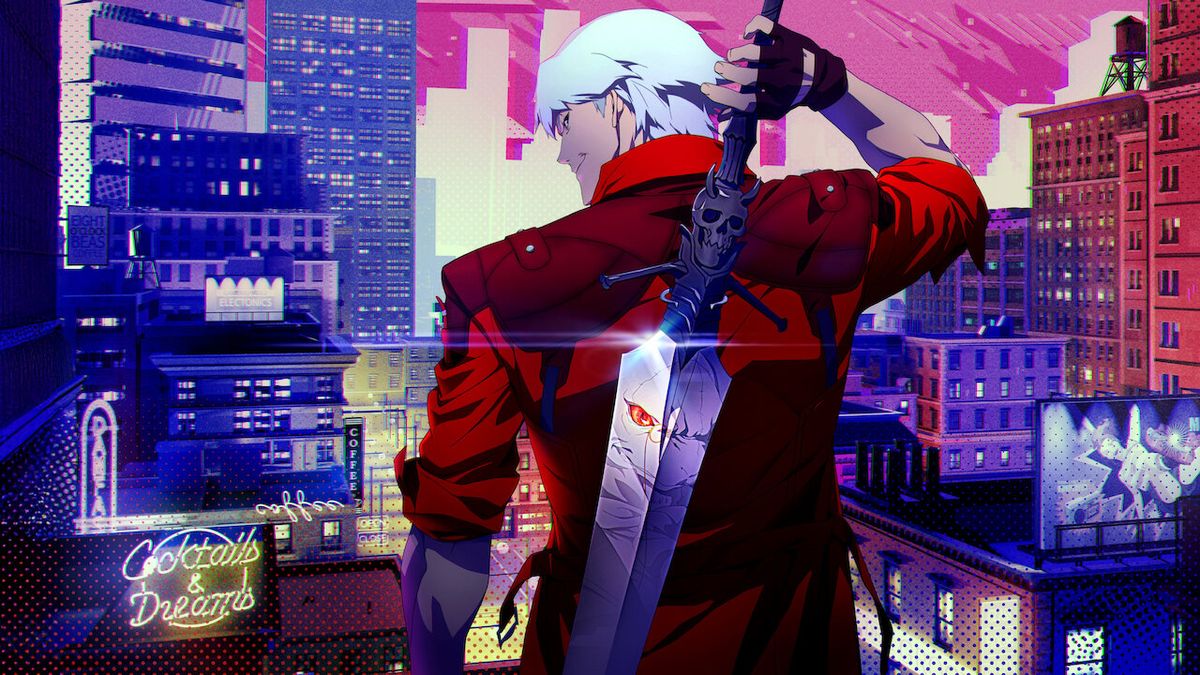 Devil May Cry&#039;s Dante has his back to the camera, holding onto a large sword