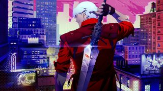 Devil May Cry's Dante has his back to the camera, holding onto a large sword