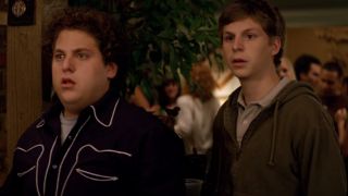 A screenshot of Jonah Hill and Michael Cera looking shocked in Superbad.