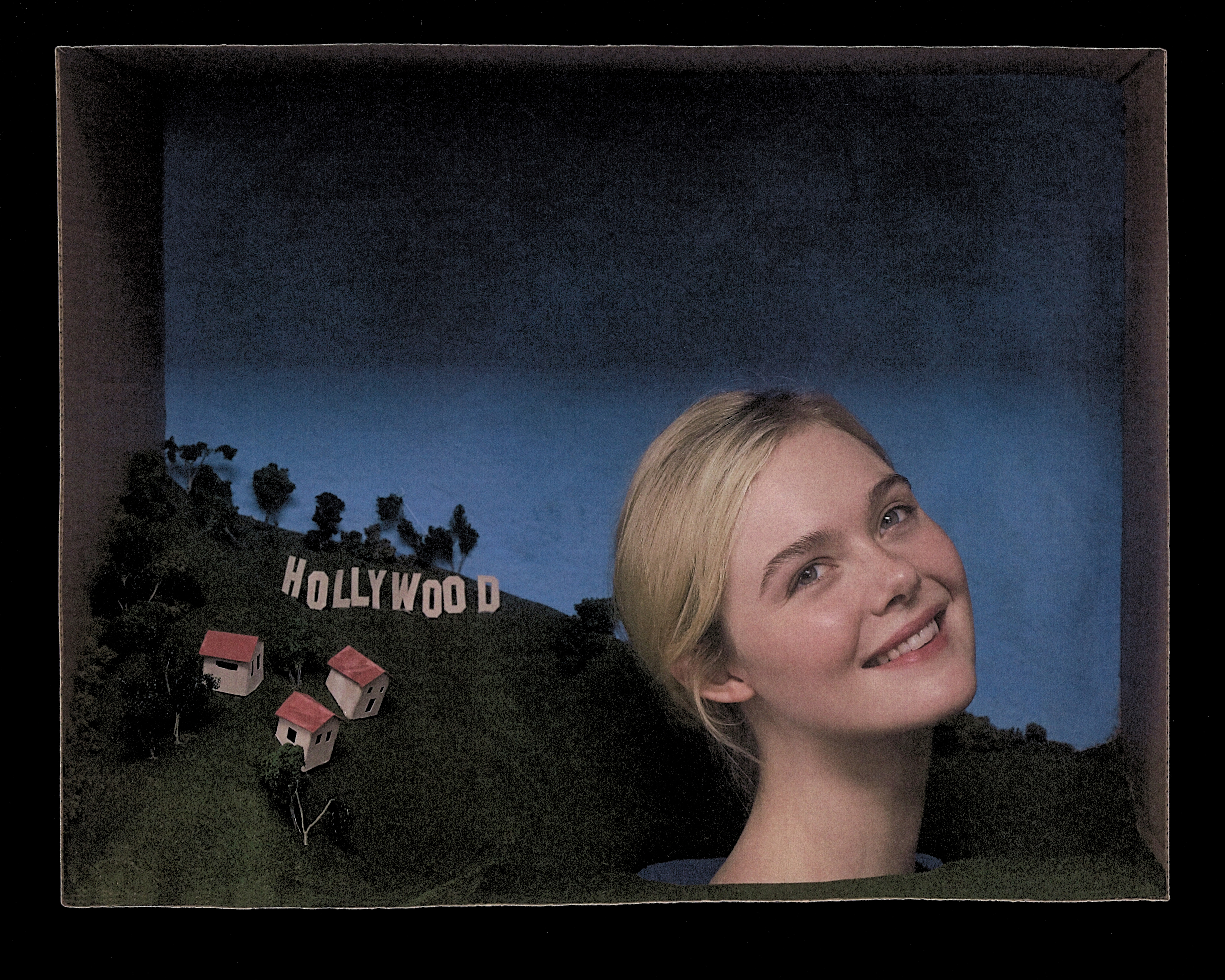 Elle Fanning shot by Szilveszter Mak&amp;oacute;. Fanning is seen with her head in a shadow box featuring a miniature set of the Hollywood hills.