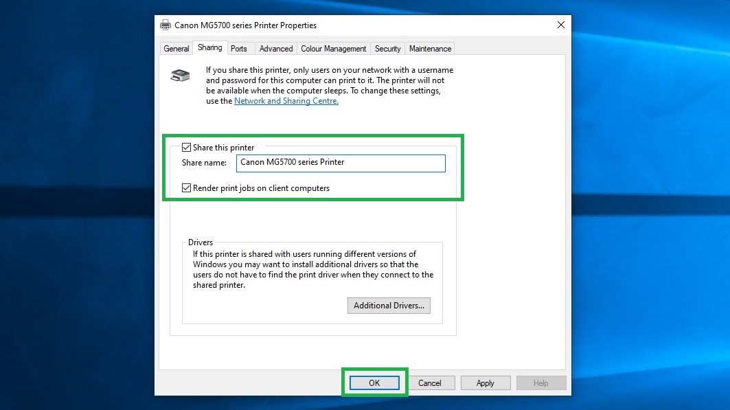 How to share a printer in Windows 10 step 5: Rename printer if desired, then click "OK"