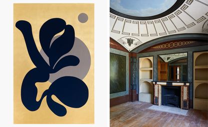 Sinta Tantra artwork (left) and interior of Pitzhanger Manor (right) where the exhibition ‘The Light Club of Batavia’ is on show