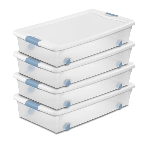 Sterilite 56 Qt Wheeled Latching Storage Box, Stackable Bin With Latch Lid, Plastic Container to Organize Shoes Underbed, Clear With White Lid, 4-Pack