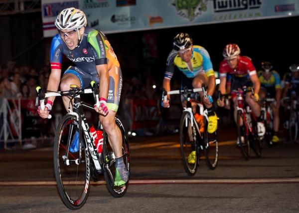 Ben Chaddock (Team Exergy) leads the pack with one lap to go at Terrapin Twilight Criterium