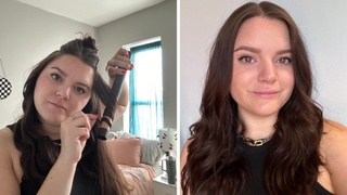 Brooke Knappenberger using the Ion Luxe Dual Voltage Cordless Ceramic Curling Wand (on the left) and full-bodied curls after usage (on the right)