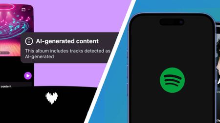 A split image with an AI-music tag in the Deezer app, and a smartphone with the Spotify logo
