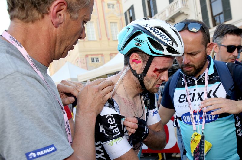 Pieter Serry in a world of pain after crashing late in the stage