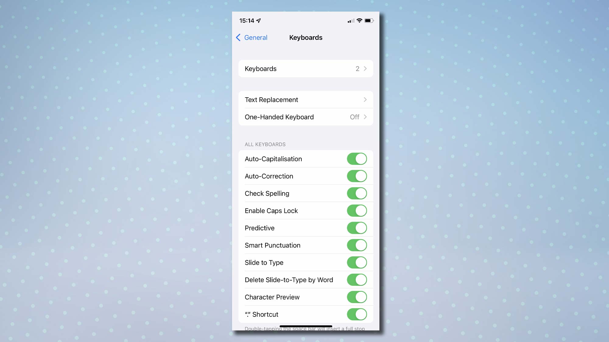 A screenshot showing the Keyboard options in an iPhone's Settings