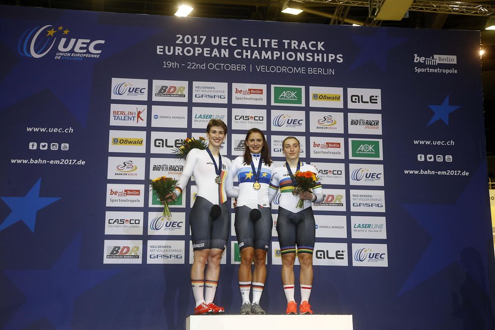 500m time trial podium: Pauline Grabosch (Germany), Miriam Welte (Germany) and Daria Shmeleva (Russia)