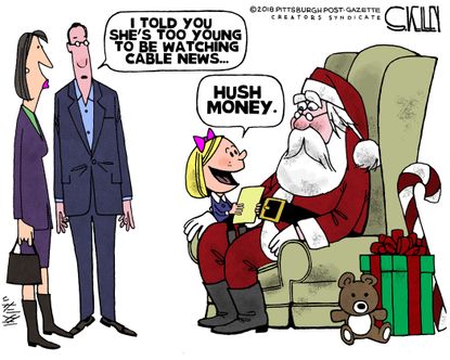 Political cartoon U.S. Santa Christmas wishlist hush money kids cable news Trump