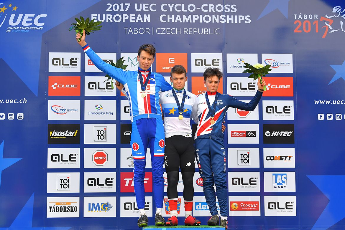 Loris Rouiller (Switzerland) flanked by Tomas Kopecky (Czech Republic) and Ben Tulett (Great Britain).