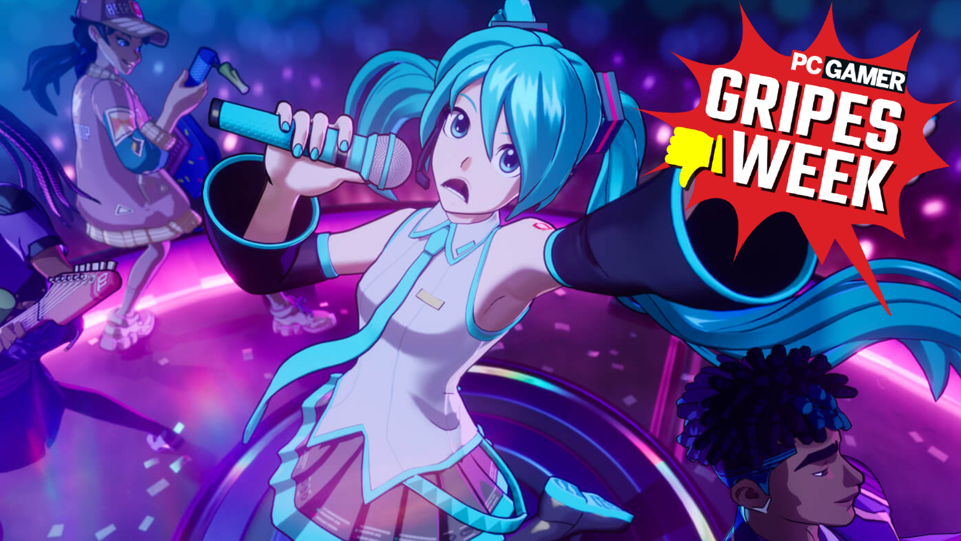 Hatsune Miku frowning in Fortnite Festival.