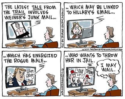 Political cartoon U.S. 2016 election Hillary Clinton emails Anthony Weiner media