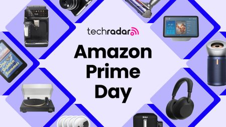 A collection of tech items on Amazon arranged around a TechRadar Prime Day deals badge on a purple background