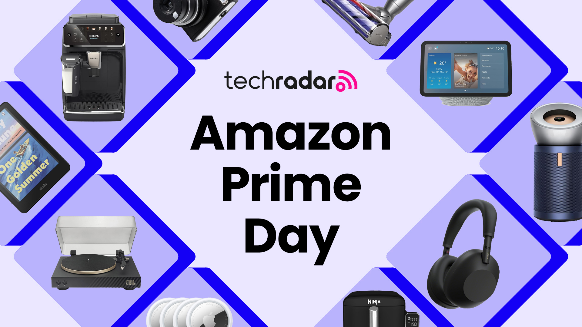 A collection of tech items on Amazon arranged around a TechRadar Prime Day deals badge on a purple background