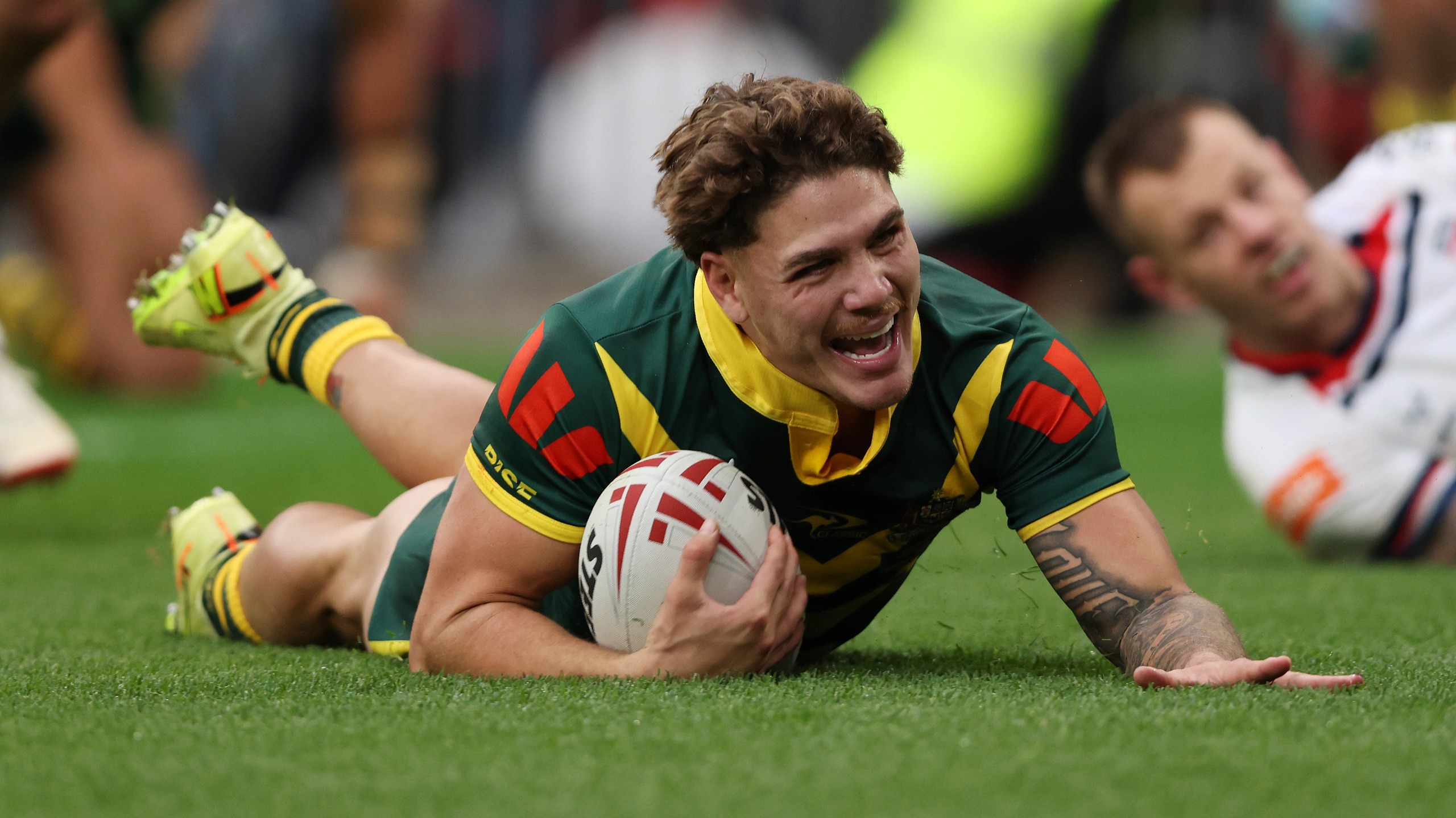 Reece Walsh of Australia scores his team's fourth try during the Rugby League Ashes match between England and Australia at Wembley Stadium on October 25, 2025 in London, England.