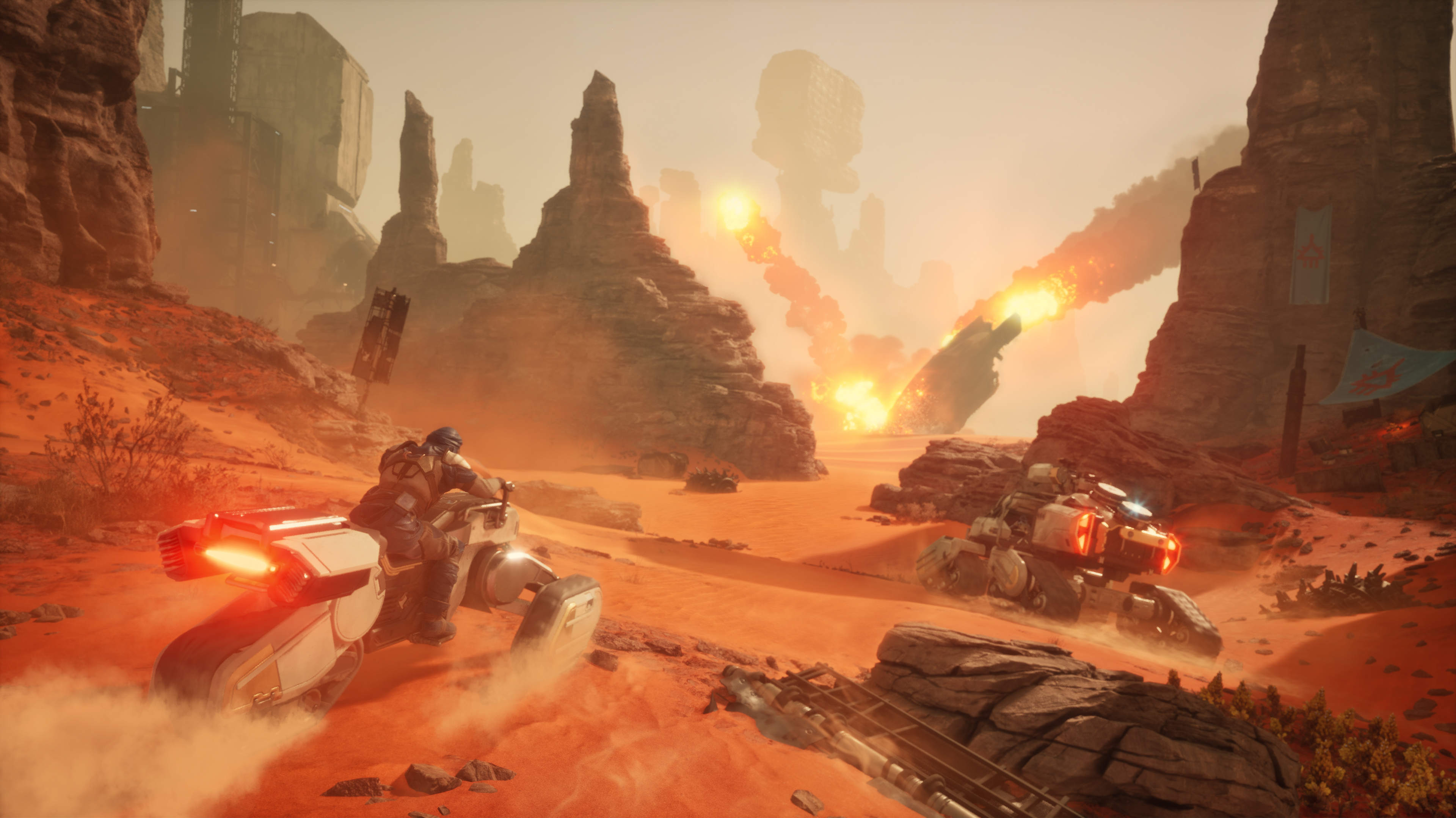 Spaceship crashing on Arrakis while players drive toward it