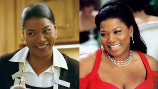 queen latifah wearing an apron and white shirt before having a makeover and wearing a red dress in the movie last holiday