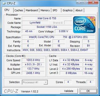 The Core i5-750 runs at a multiplier of 9x and 0.856V when idle. The result is an effective 1200 MHz clock speed.