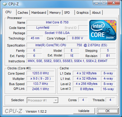 The Core i5-750 runs at a multiplier of 9x and 0.856V when idle. The result is an effective 1200 MHz clock speed.