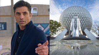 John Stamos pointing in Big Shot/Geodesic sphere and fountain at Epcot
