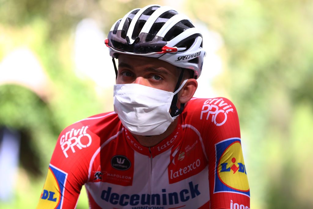 NICE FRANCE AUGUST 27 Kasper Asgreen of Denmark and Team Deceuninck QuickStep during the Team Deceuninck QuickStep Training Mask Covid Safety Measures TDF2020 LeTour on August 27 2020 in Nice France Photo by Michael SteeleGetty Images