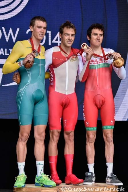 The men's time trial podium at the Commonwealth Games: Rohan Dennis, Alex Dowsett and Geraint Thomas