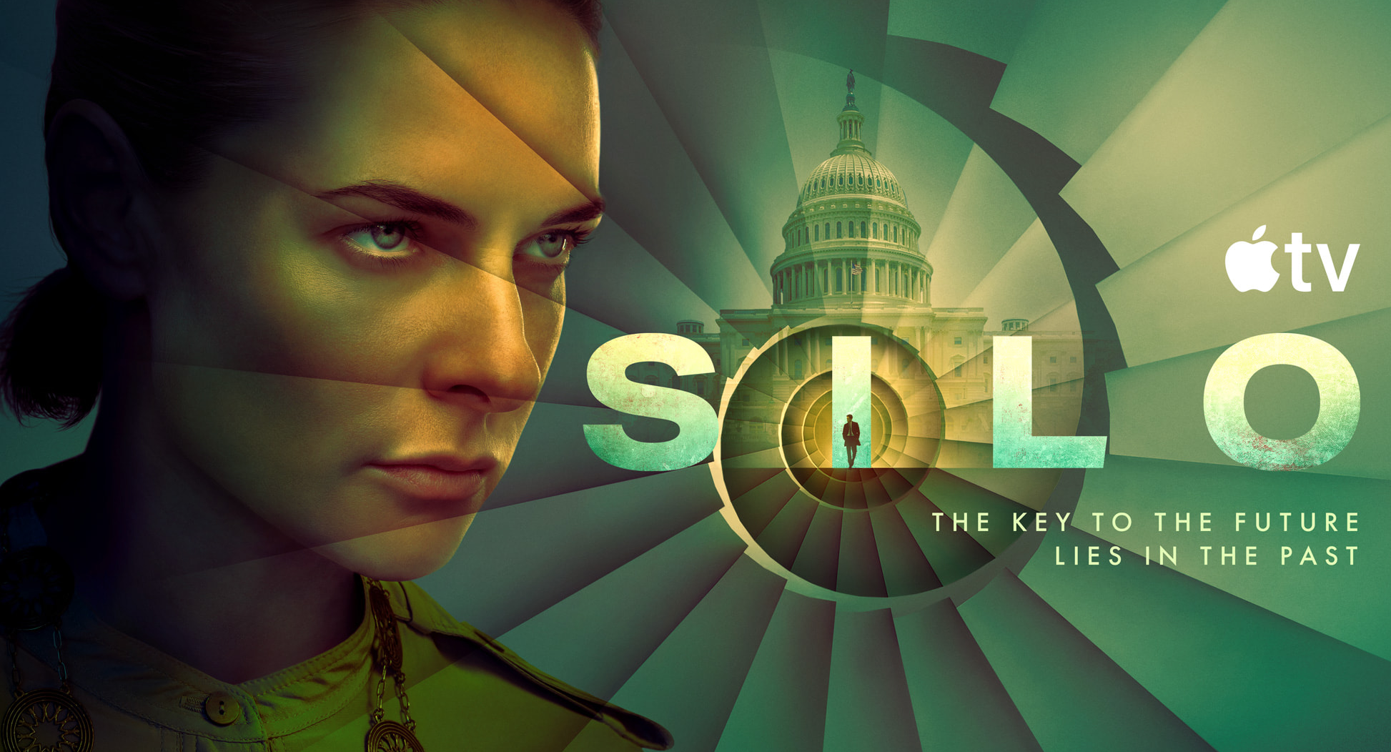 a green and gold promo banner for a sci-fi tv series