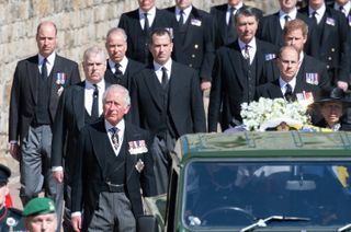 Prince Harry Prince William and Charles at Prince Philip's funeral