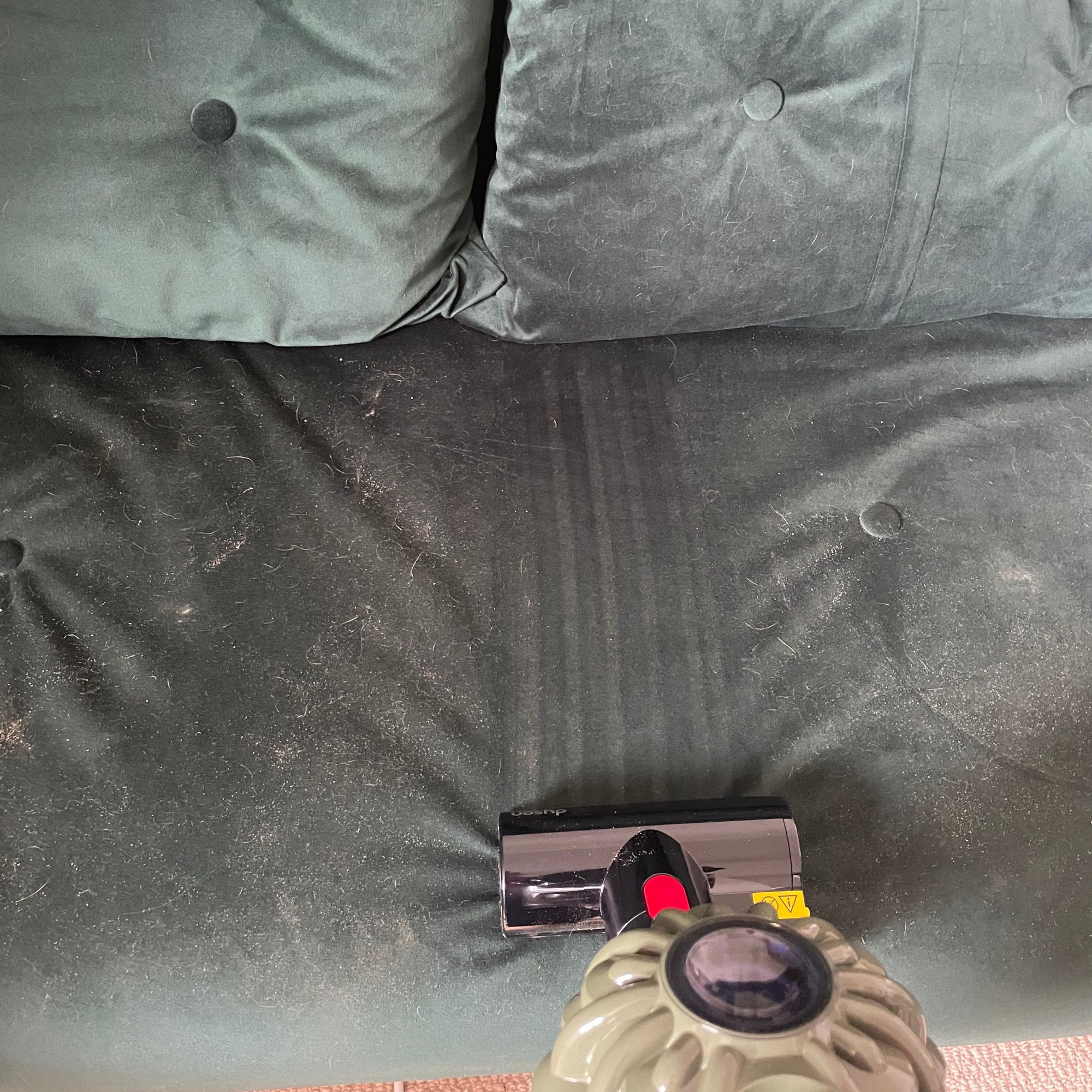 using the Dyson V8 Cyclone to clean a dirty green velvet sofa bed