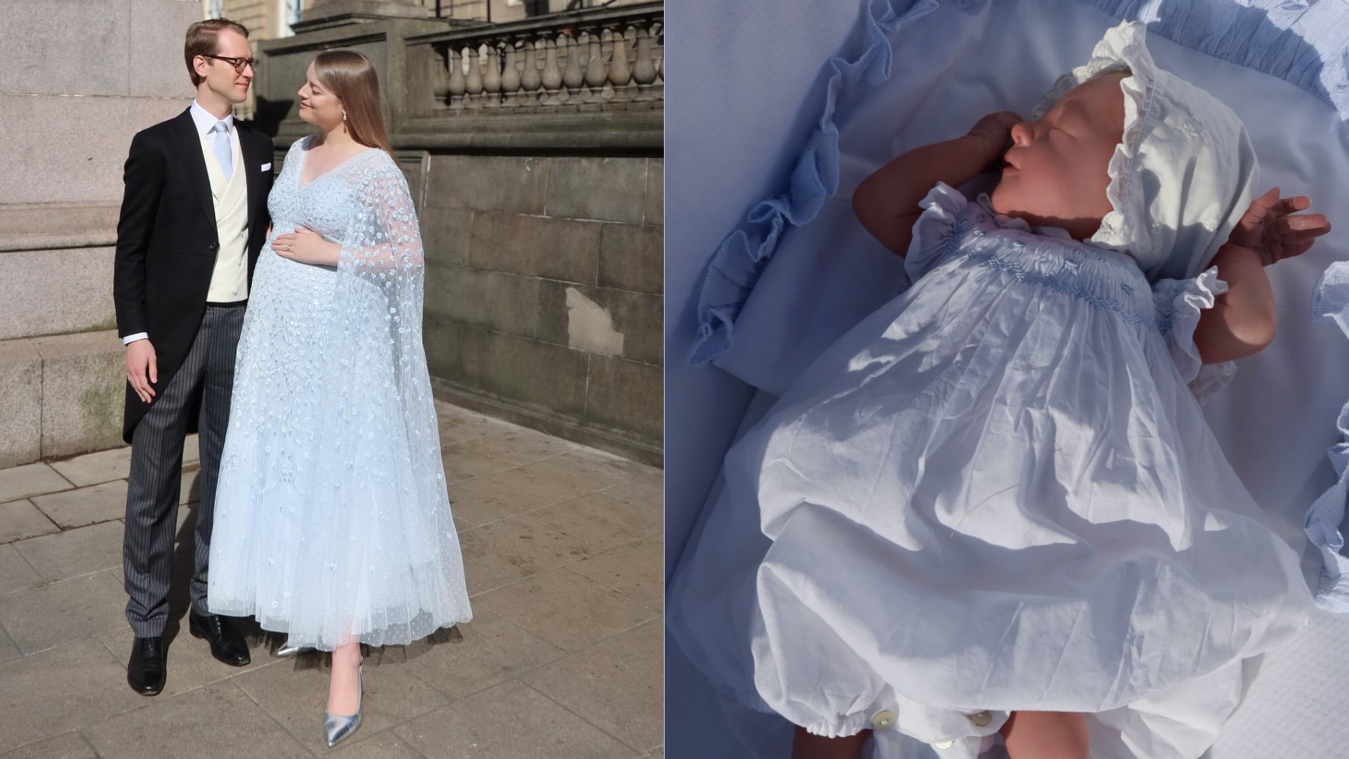 A split image of Flora and Timothy Vesterberg and their baby, Isabel.
