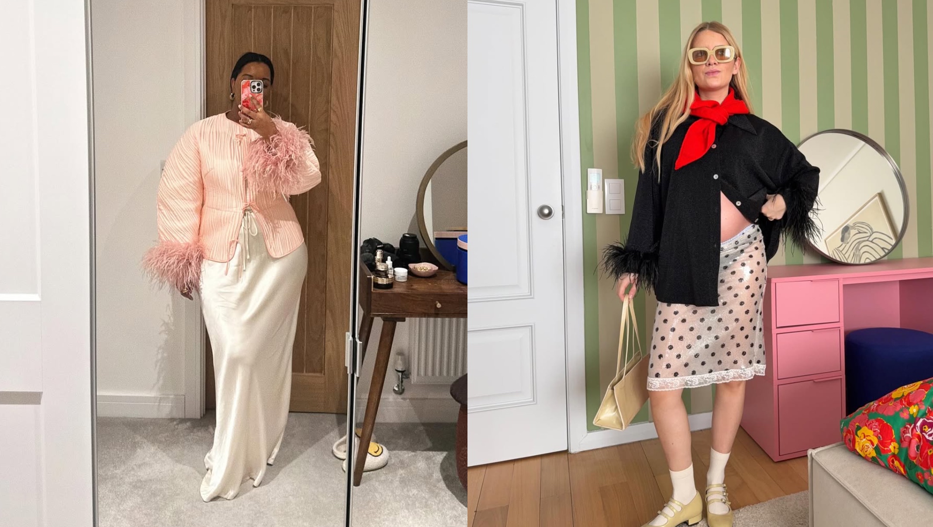 Karina and Carol Morais in feather outfits