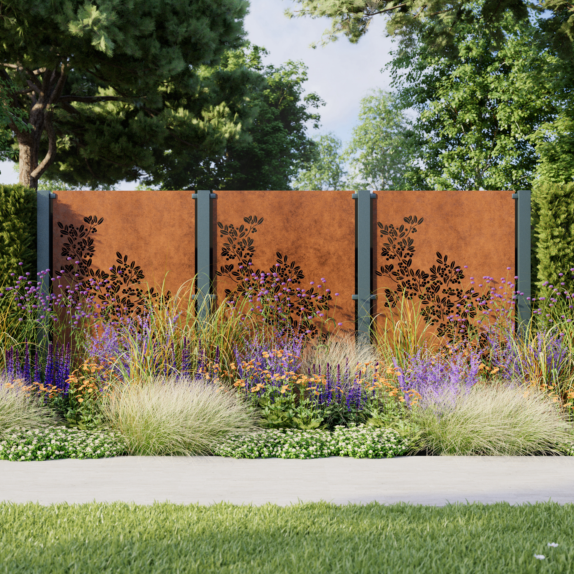 garden with three decorative fence panels within hedge, plants, lawn