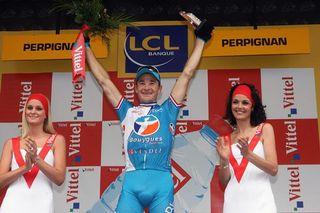Thomas Voeckler (BBOX Bouygues Telecom) on the podium in Perpignan following his stage victory.
