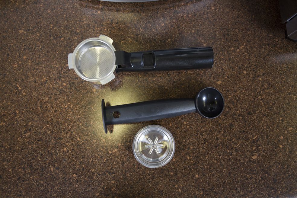 This Cuisinart espresso machine comes with a portafilter and two filter baskets.