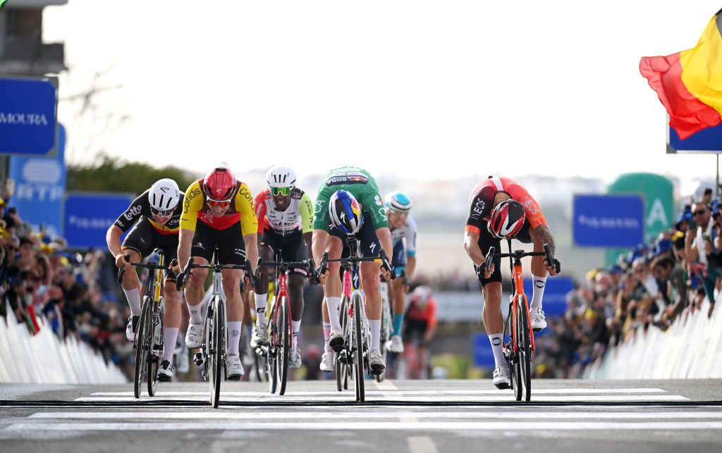 FARO PORTUGAL FEBRUARY 22 LR Stage winner Milan Fretin of Belgium and Team Cofidis Jordi Meeus of Belgium and Team Red Bull BORA hansgrohe Green Points Jersey and Filippo Ganna of Italy and Team INEOS Grenadiers sprint at finish line during the 51st Volta ao Algarve em Bicicleta Stage 4 a 1752km stage from Albufeira to Faro on February 22 2025 in Faro Portugal Photo by Tim de WaeleGetty Images
