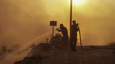 A fire near Athens is threatening homes, as strong winds and high temperatures fuel the blaze