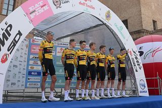 CARPI ITALY OCTOBER 01 Per Strand Hagenes of Norway Thomas Gloag of United Kingdom Sam Oomen of Netherlands Robert Gesink of Netherlands Rick Pluimers of Netherlands Tobias Foss of Norway Chris Harper of Australia and Team Jumbo Visma during the team presentation prior to the 105th Giro dellEmilia 2022 a 1987km one day race from Carpi to San Luca 267m on October 01 2022 in Carpi Italy Photo by Dario BelingheriGetty Images