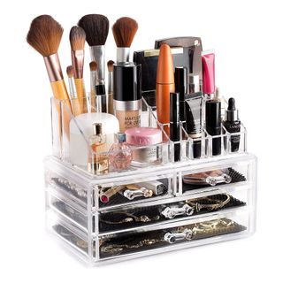 Masirs Store Clear Cosmetic Storage Organizer filled with makeup