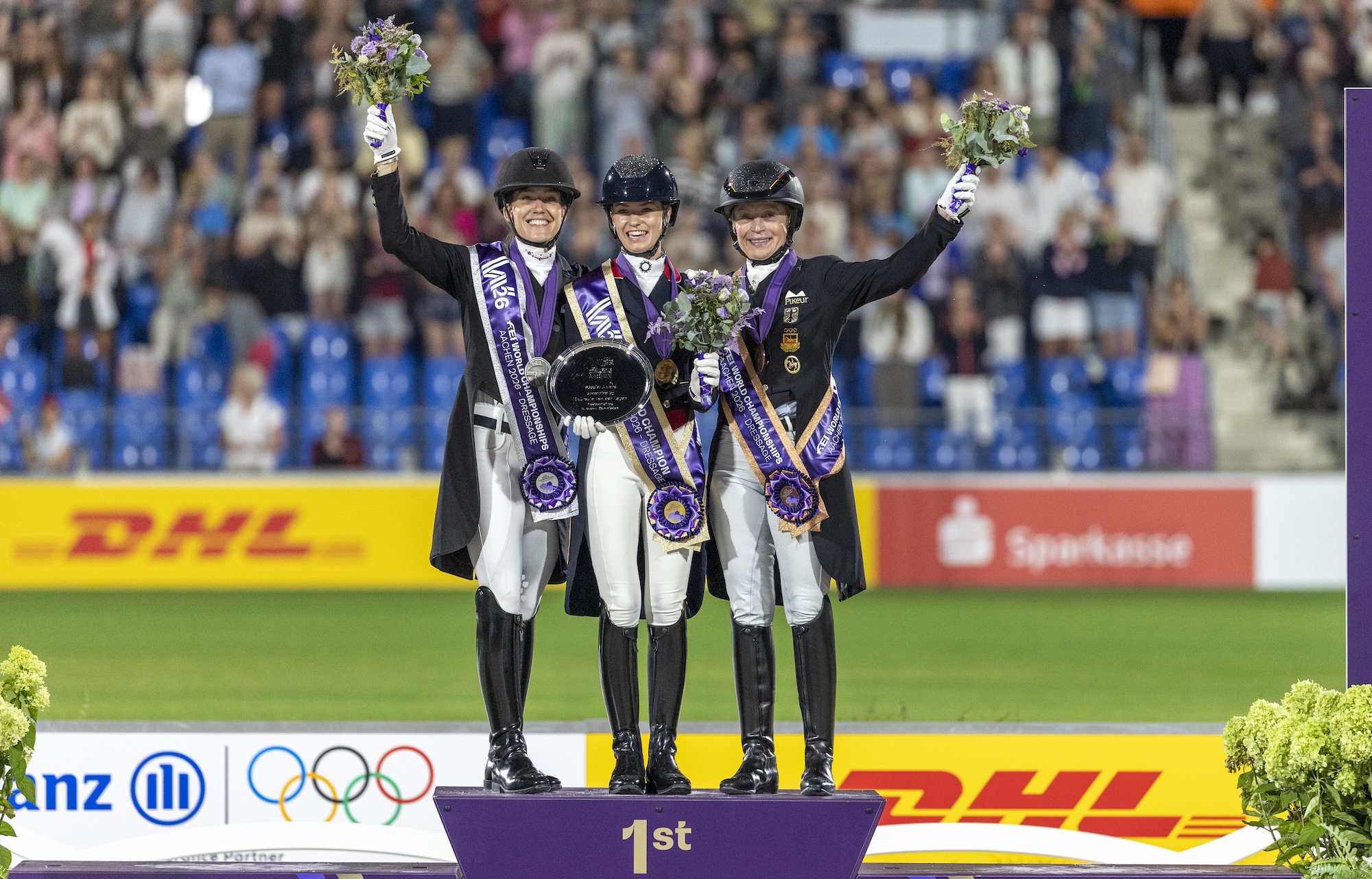 Podium Grand Prix Freestyle
1. Charlotte Fry riding Glamourdale, 2. Cathrine Laudrup Dufour riding Mount St John Freestyle, 3. Isabell Werth riding Wendy de Fontaine
FEI Dressage World Championship, Aachen (GER) 2026
Grand Prix Freestyle Individual Final
Lindt-Prize
&amp;copy; FEI/Leanjo de Koster