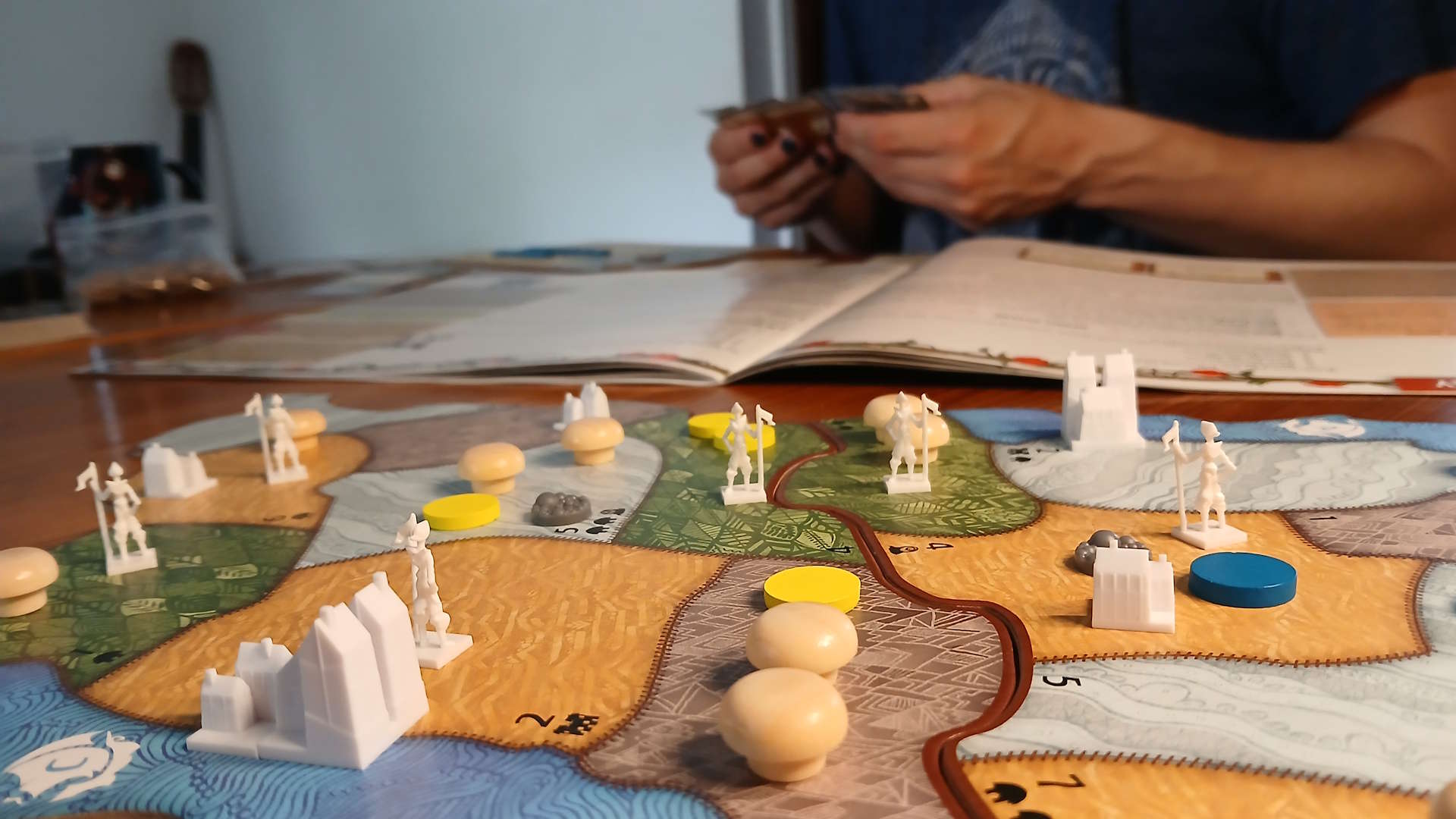 Spirit Island components, cards, and board pieces on a wooden table
