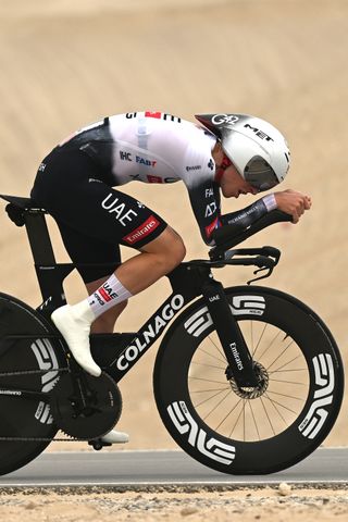 Tadej Pogacar riding during the UAE Tour stage 2 time trial