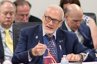 Buzz Aldrin participates in the National Space Council's Users' Advisory Group meeting on June 19, 2018 at NASA Headquarters in Washington, DC.