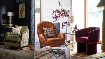 composite of three different styled armchairs in living rooms