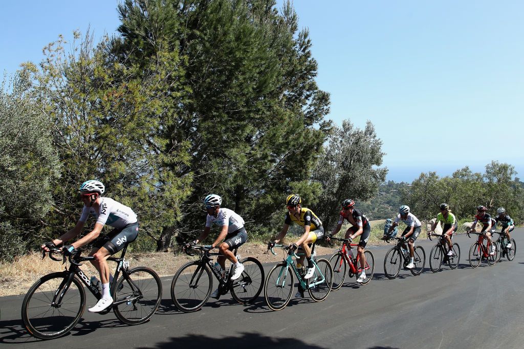Team Sky's Tao Geoghegan Hart at the head of affairs on stage 2 of the 2018 Tour of California