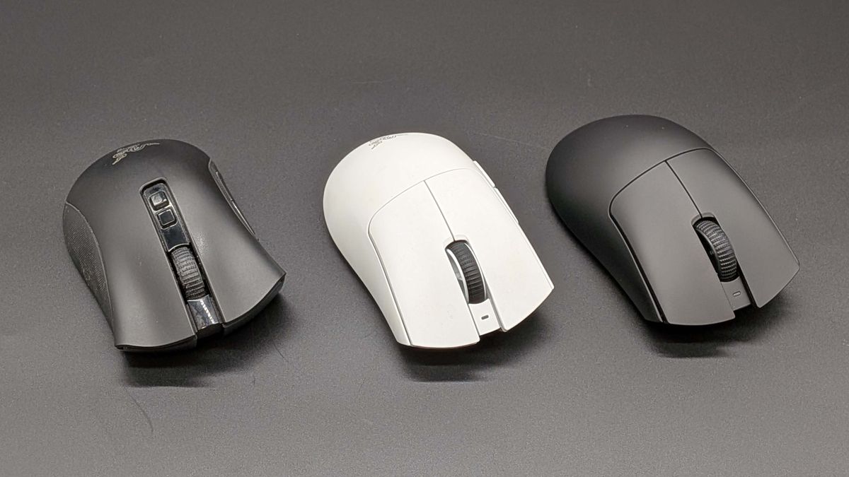 Three generations of Razer DeathAdder Pro gaming mice, from left to right, the V2 Pro, V3 Pro, and V4 Pro